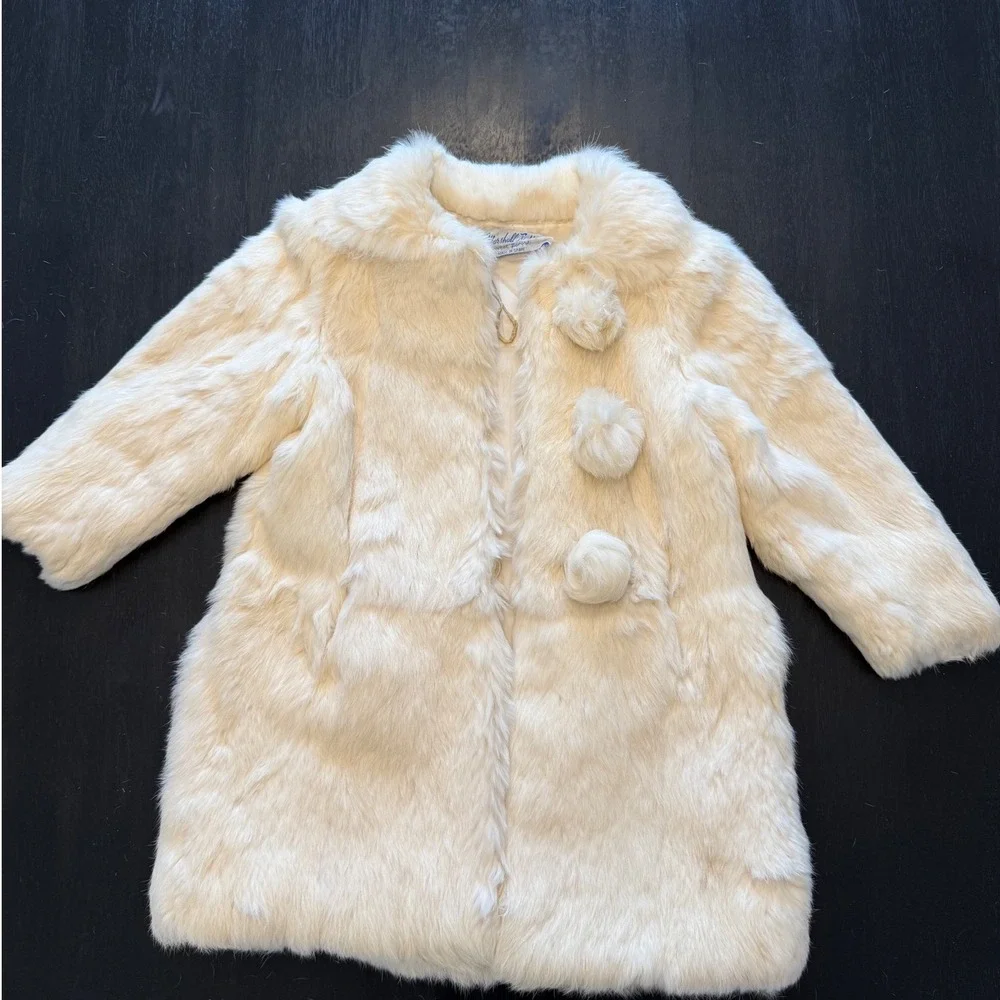 Vintage Faux rabbit Coat Girls Pom Pom Buttons Winter Outerwear‎ Cozy Chic Party - Picture 2 of 16
